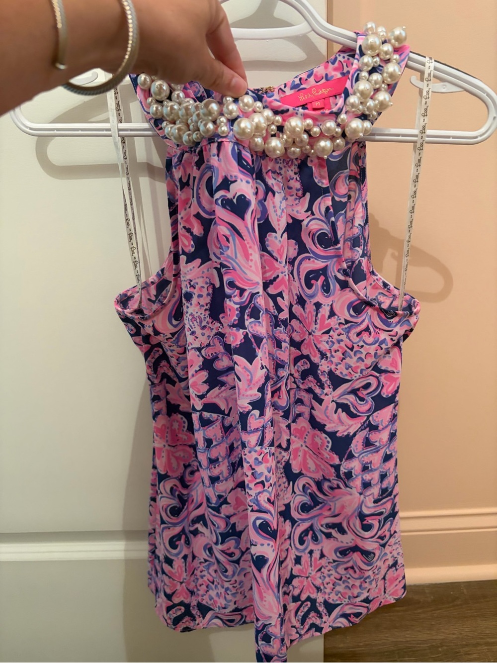 Lilly Pulitzer Navy & Pink Pearl-Embellished Halter top